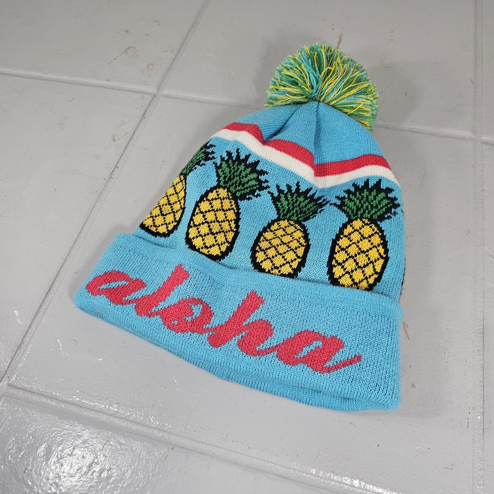 Aloha Pineapple Pom Pom Beanie - Bright Aqua & Yellow NWT